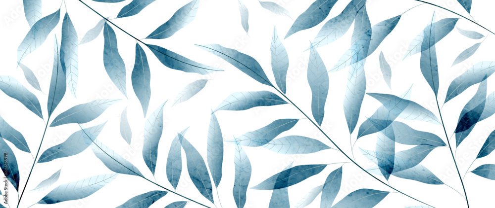 Art background with tree leaves in blue watercolor style. Hand drawn botanical banner for wallpaper design, decor, packaging, textile, print, interior. Art background with tree leaves in blue watercolor style. Hand drawn botanical banner for wallpaper design, decor, packaging, textile, print, interior.