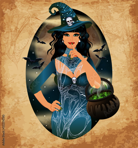Happy Halloween vip card, sexual witch and magical potion, vector illustration