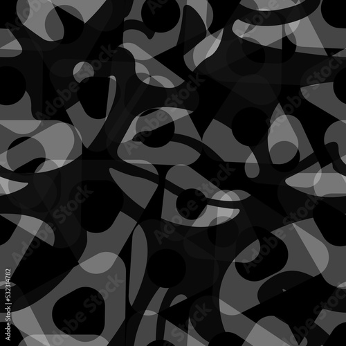 grey abstract figures on black background pattern