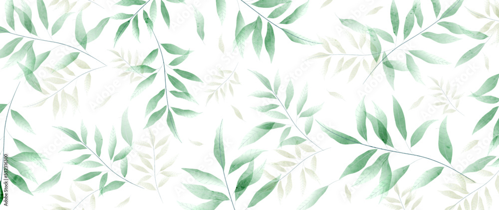 Abstract art background with a pattern of green tree leaves. Botanical banner in a watercolor style for the design of wallpaper, fabric, textile, print, packaging, invitations, decor. Abstract art background with a pattern of green tree leaves. Botanical banner in a watercolor style for the design of wallpaper, fabric, textile, print, packaging, invitations, decor.