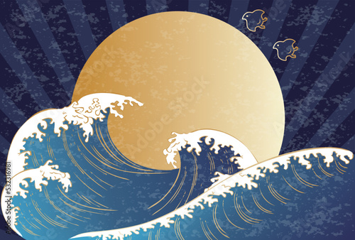 フレーム　背景　海　日本画　浮世絵　手描き　年賀　正月　波　千鳥　和柄　和風　イラスト素材