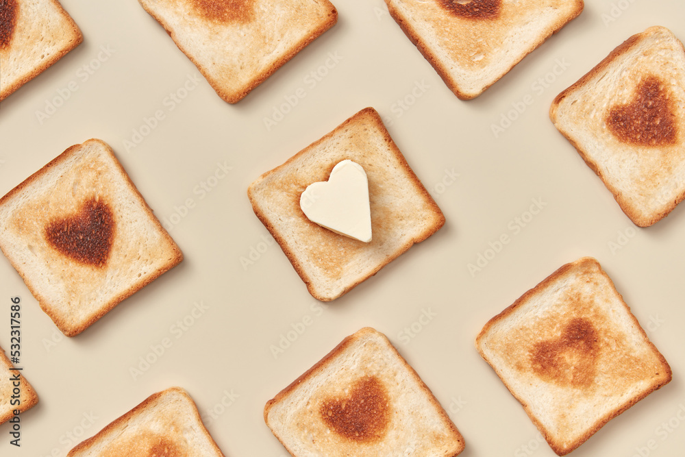 Toasts with burnt and butter hearts Toasts with burnt and butter hearts