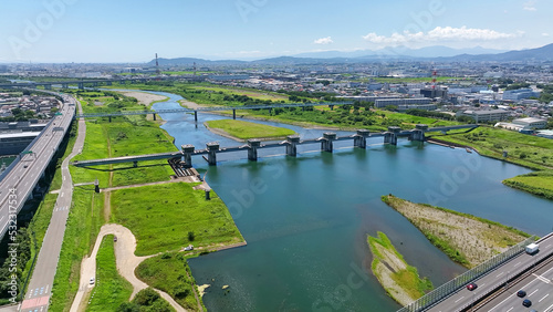 Bild auf Leinwand 河川堰管理橋　空撮