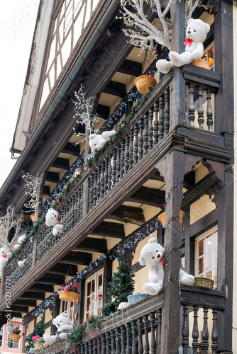 Strasbourg, France. Example of half-timber architecture from the medieval era. Building is decorated with Christmas. © Danita Delimont