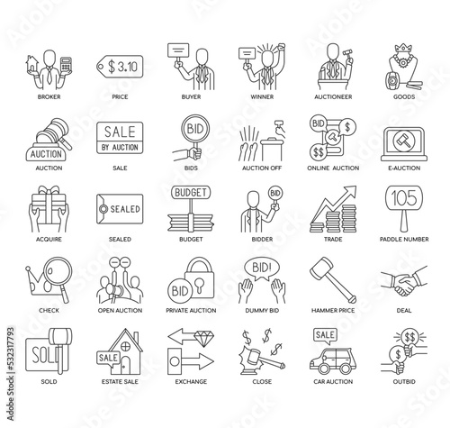 Set of Auction thin line icons for any web and app project.