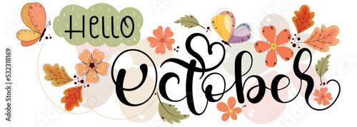 Hello October. OCTOBER month vector with flowers, butterfly and leaves. Decoration floral. Illustration month October 