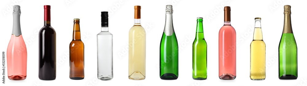 Set with bottles of different alcohol drinks on white background. Banner design Set with bottles of different alcohol drinks on white background. Banner design