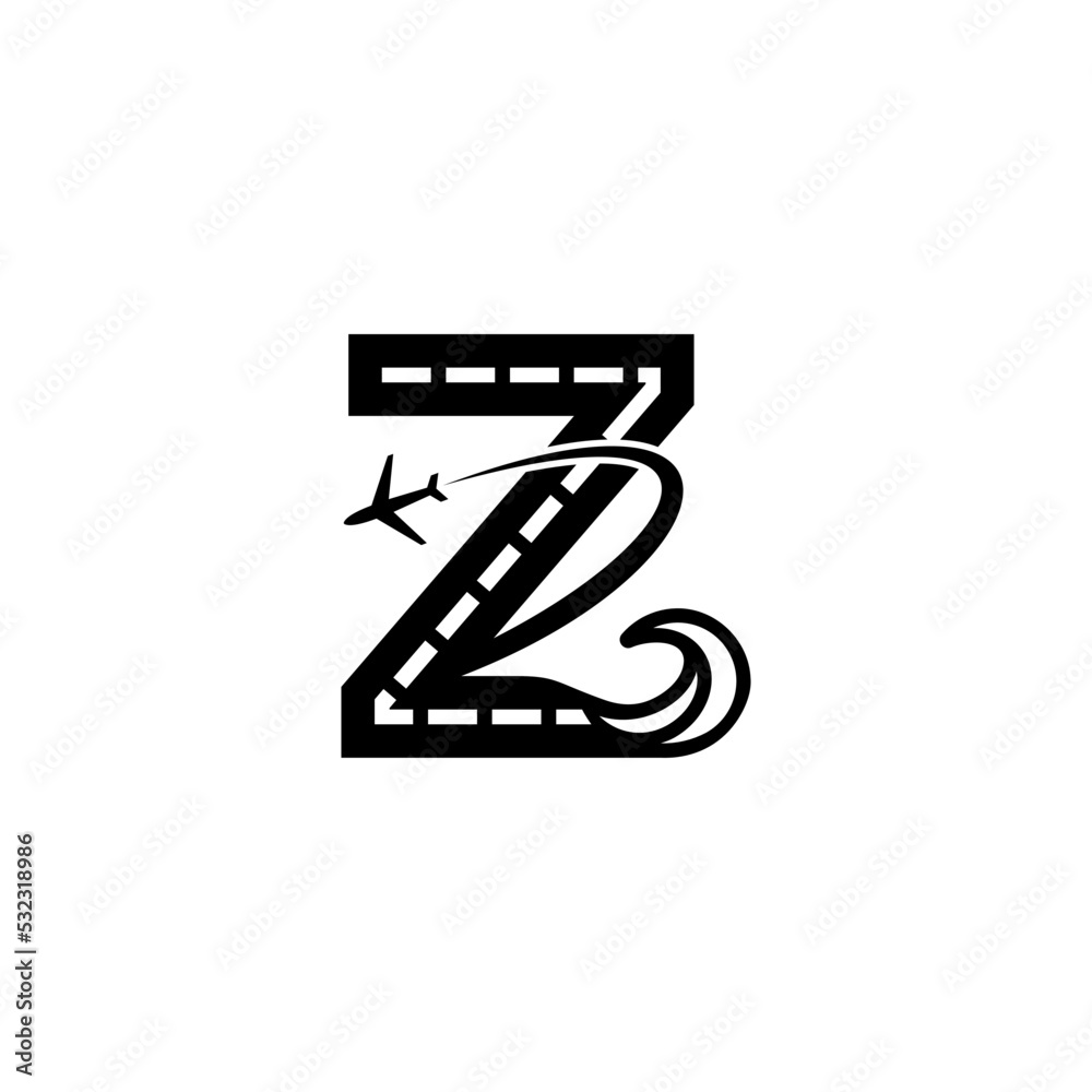 alphabet illustration of letter Z with road, airport, sea, waves, runway and airplane alphabet illustration of letter Z with road, airport, sea, waves, runway and airplane