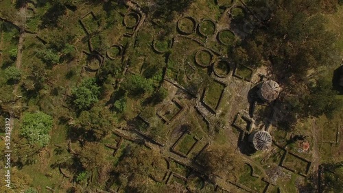 Roman Ruines in Mountain Top. Citânia de Briteiros, Portugal 4k. Aerial View. Roman Civilization Concept photo