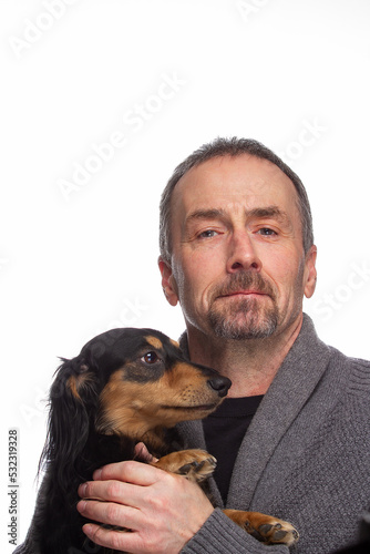Man and his dog on a white background.