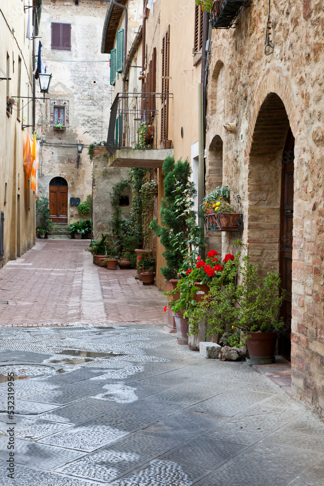 Italy, Tuscany, Pienza. Flower pots and potted plants decorate a narrow street in a Tuscany village.