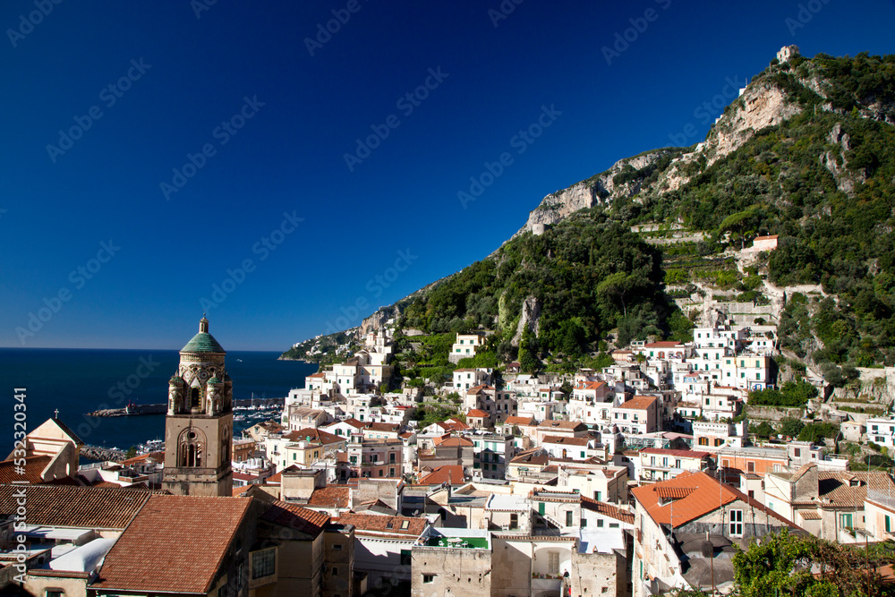 Italy, Amalfi. Light on the Cathedral of St. Andrew and the town of Amalfi.