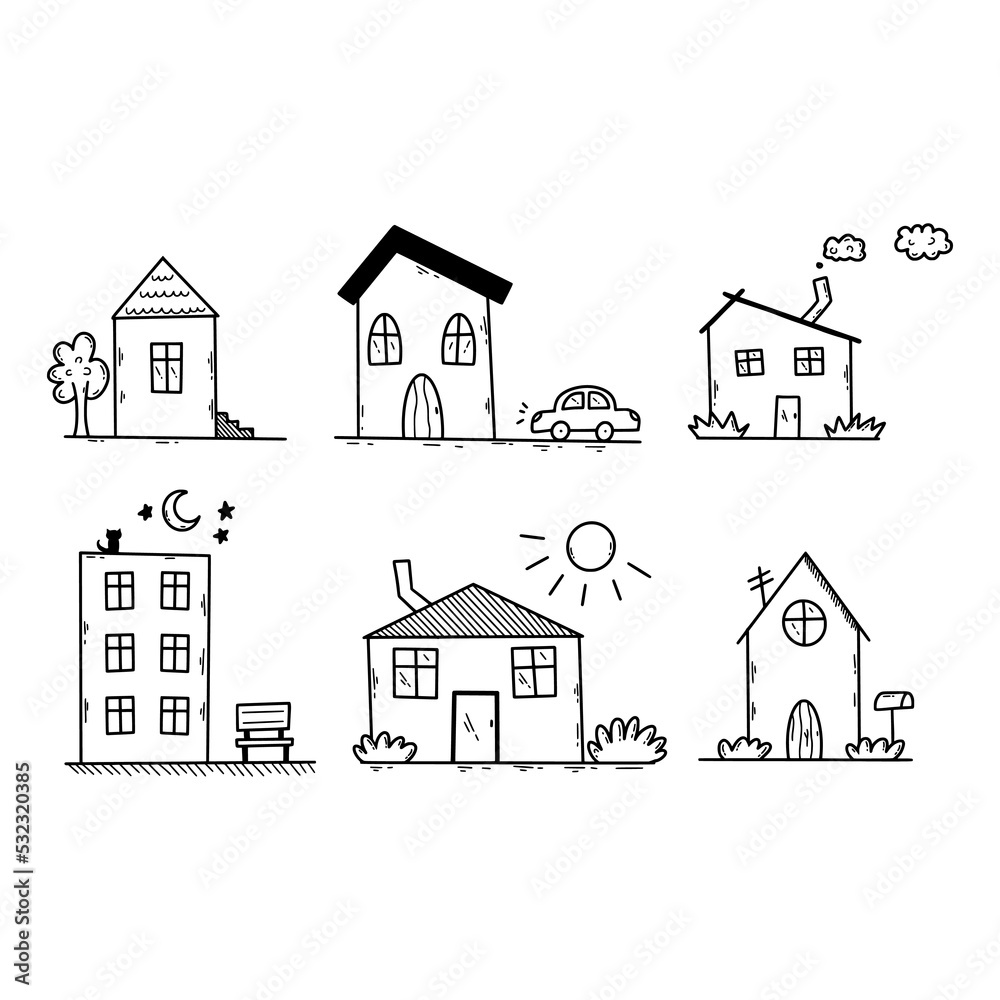 Set cute houses. Vector doodle illustration. Cozy house. Hand drawn sticker.
