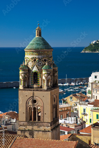 Italy, Amalfi. Light on the Cathedral of St. Andrew and the town of Amalfi.