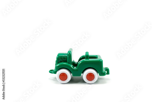 Army car open roof green paint plastic toy isolated on white