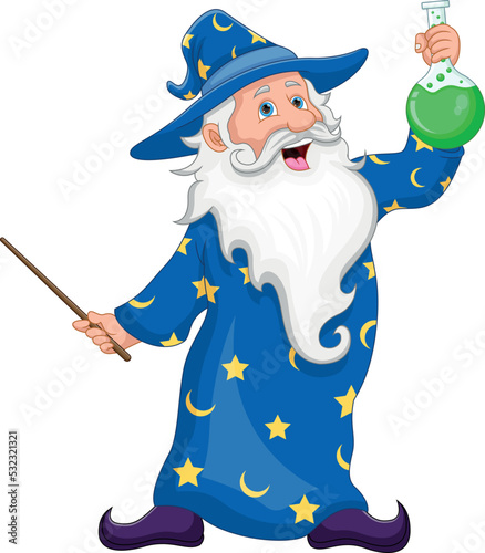 cartoon old wizard holding potion in volumetric flask