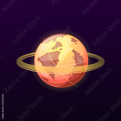Galaxy planet with many rings, vector space globe, glowing orange sphere in Universe. Fantasy Ui game object isolated on black background. Astronomy science education, abstract planet in deep space