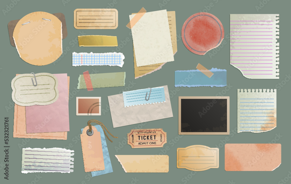 Scrapbook paper notes, torn page stickers and notebook scrap memos, vector vintage retro elements. Scrapbook tags on adhesive tape, message card frames and cardboard notes or torn page memos on pins