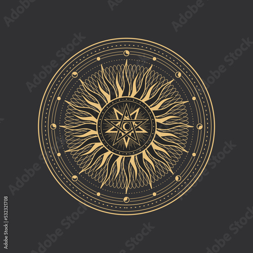 Pentagram, esoteric, occult magic and tarot symbol, vector pentacle circle. Alchemy, occultism and witchcraft ritual pentagram sign with celestial sun and moon in sacred geometry circle photo
