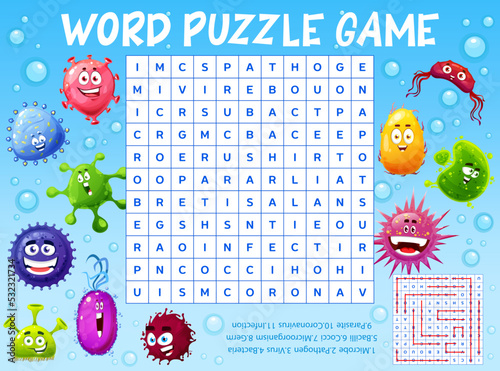 Cartoon germs, viruses and microbes, word search puzzle game worksheet, kids quiz grid. Vector crossword brainteaser, riddle for children with cartoon pathogens and latin letters in square field
