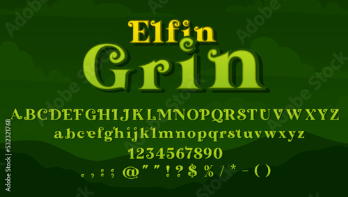 Magic font, Medieval typeface or fairy type alphabet, vector fantasy typography text. Cartoon magic font and ABC letters for fairy tale of elf or elfin grin, Medieval green typeface with curly symbols photo