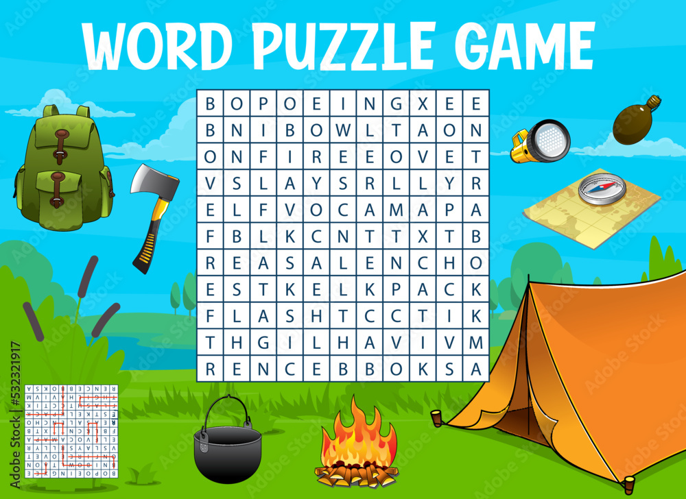 Camping and travel. Word search puzzle game worksheet. Child ...