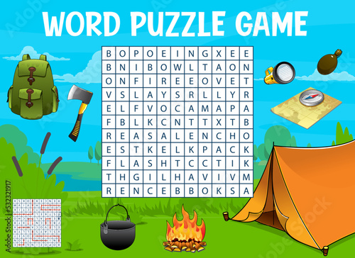 Camping and travel. Word search puzzle game worksheet. Child educational riddle, intellectual puzzle or vector vocabulary quiz with bonfire, bowler and ax, map, flask and tent, flashlight, backpack