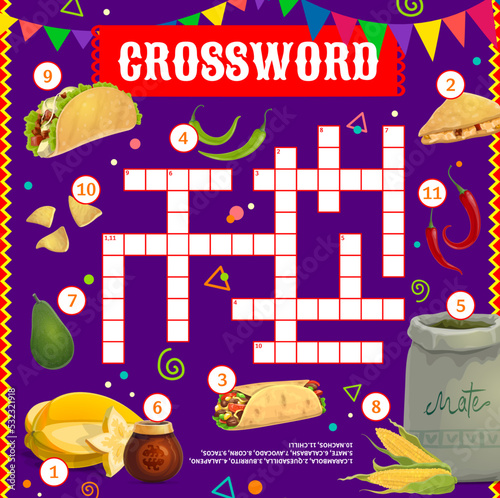 Mexican food and meals crossword grid worksheet. Find a word vector quiz game and education puzzle. Cartoon tex mex taco, burrito, nachos, chilli and jalapeno peppers, avocado, quesadilla and mate