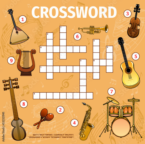 Musical instruments and sound waves crossword grid, worksheet to find word, vector quiz game. Kids puzzle crossword with music instruments, guitar or violin and saxophone, maracas, drums and trumpet