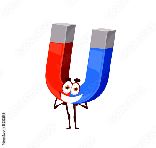 Cartoon cute magnet character. Isolated vector magnetic tool for physics educational classes. Funny horseshoe magnet school personage with red and blue fields and friendly smiling face