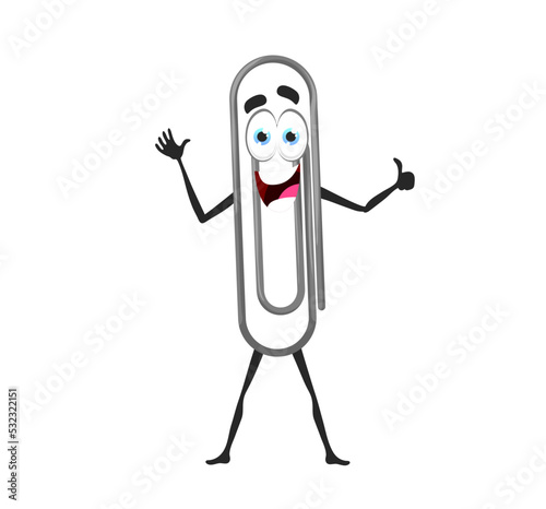 Cartoon funny paper clip character. Isolated vector paperclip personage with happy face show thumb up. Joyful school or office stationery supply, metal paper holder, steel clamp design element