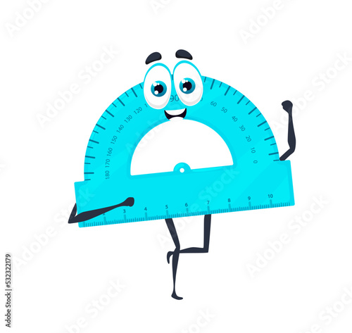 Cartoon funny school protractor character. Isolated vector ruler personage on white background. Scale with smiling face. Measuring tool for mathematics and geometry lessons, funny maths instrument