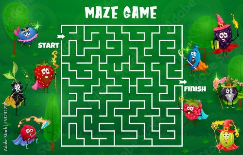 Cartoon funny wizard and fairy berries characters labyrinth maze worksheet. Vector magic fruits game puzzle quiz, find right way riddle with strawberry, blackberry, cranberry, blueberry magicians
