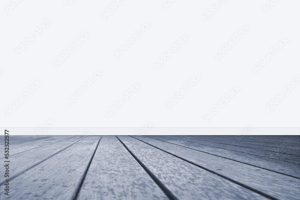 Fototapeta premium Mock-up image of old grey hardwood floor panels leading towards a white heather traditional painted wall in the background.