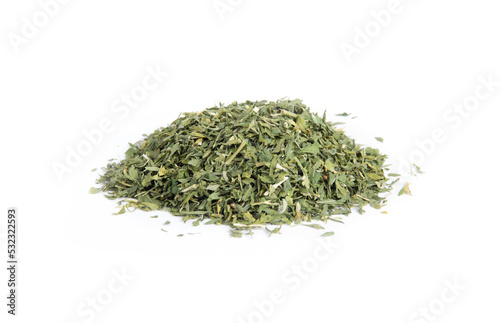 Alfalfa Leaf, Cut and Sifted, in Heap or Pile Isolated on White in Side or Three Quarters View
