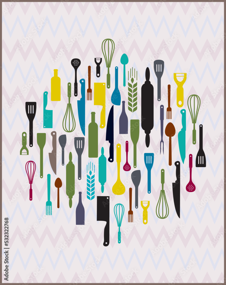 Set of kitchen utensils icon in doodle design style 
