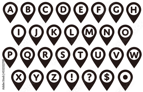 Simple map pin set with alphabet (monochrome)