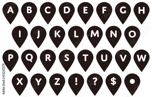 Simple map pin set with alphabet (monochrome)