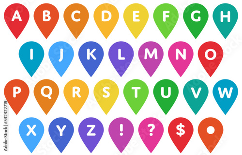 Simple map pin set with alphabet (colorful)