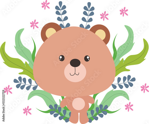 cute tedy bear with ornamental decorative leaf  illustration vector graphic  