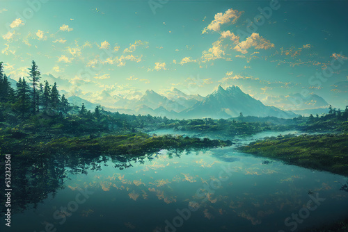 Eternal Running River Water in Mountain and Beautiful Forest. Fantasy Backdrop Concept Art Realistic Illustration. Video Game Background Digital Painting CG Scenery Artwork Serious Book Illustration 