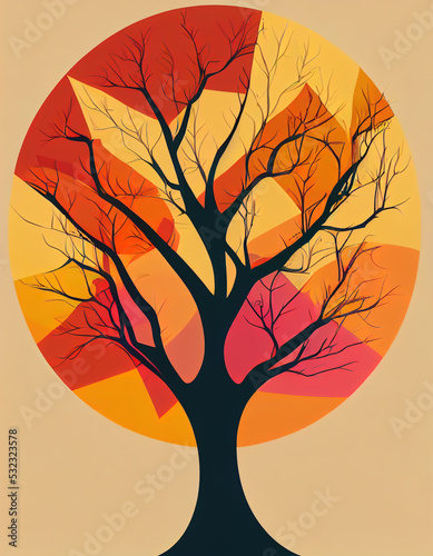 Stylized ornamental autumn tree flat illustration. Autumn tree with a round ornamental crown in red colors. Digital illustration. © jockermax3d