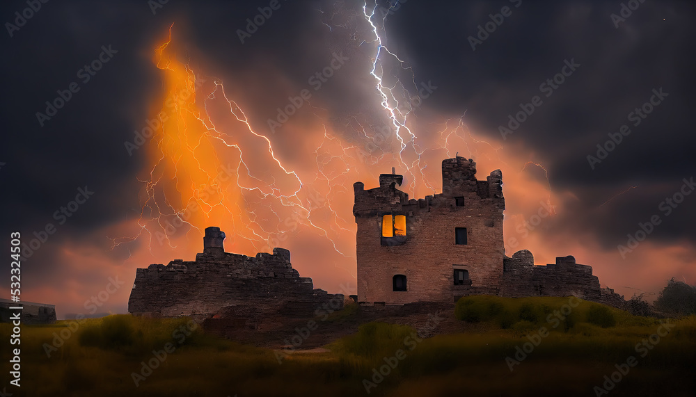 Fototapeta premium Lightning in the sky above the castle. Lightning strikes the ruined castle. Digital illustration.