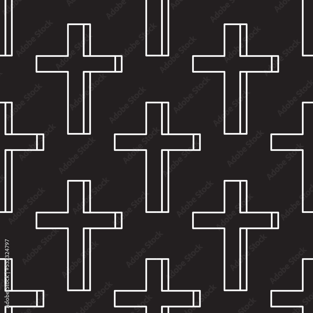 Holiday, fantasy and holiday concept. Seamless pattern of Christian cross on black background. Perfect for wrapping, fabric, textile, wallpapers, giftboxes, postcards