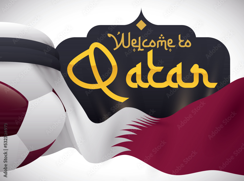 Soccer Ball Wearing a Kufiya with Cloth like Qatar Flag, Vector Illustration - obrazy, fototapety, plakaty 