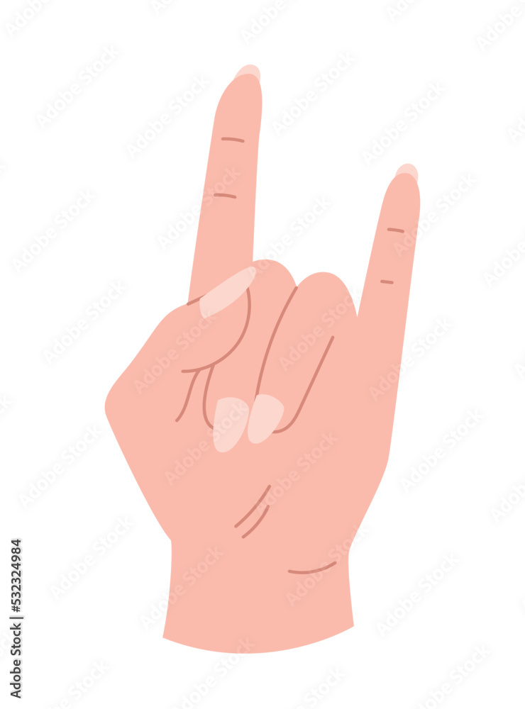 Hand pose icon. Rock, power, energy and strength. Character shows second and fifth fingers. Sticker for social networks. Emotions, reactions, moods and gestures. Cartoon flat vector illustration Hand pose icon. Rock, power, energy and strength. Character shows second and fifth fingers. Sticker for social networks. Emotions, reactions, moods and gestures. Cartoon flat vector illustration