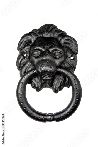 Black Iron lion head door knocker isolated no background 