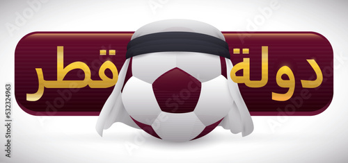 Soccer Ball with Keffiyeh and Maroon Sign for the State of Qatar, Vector Illustration