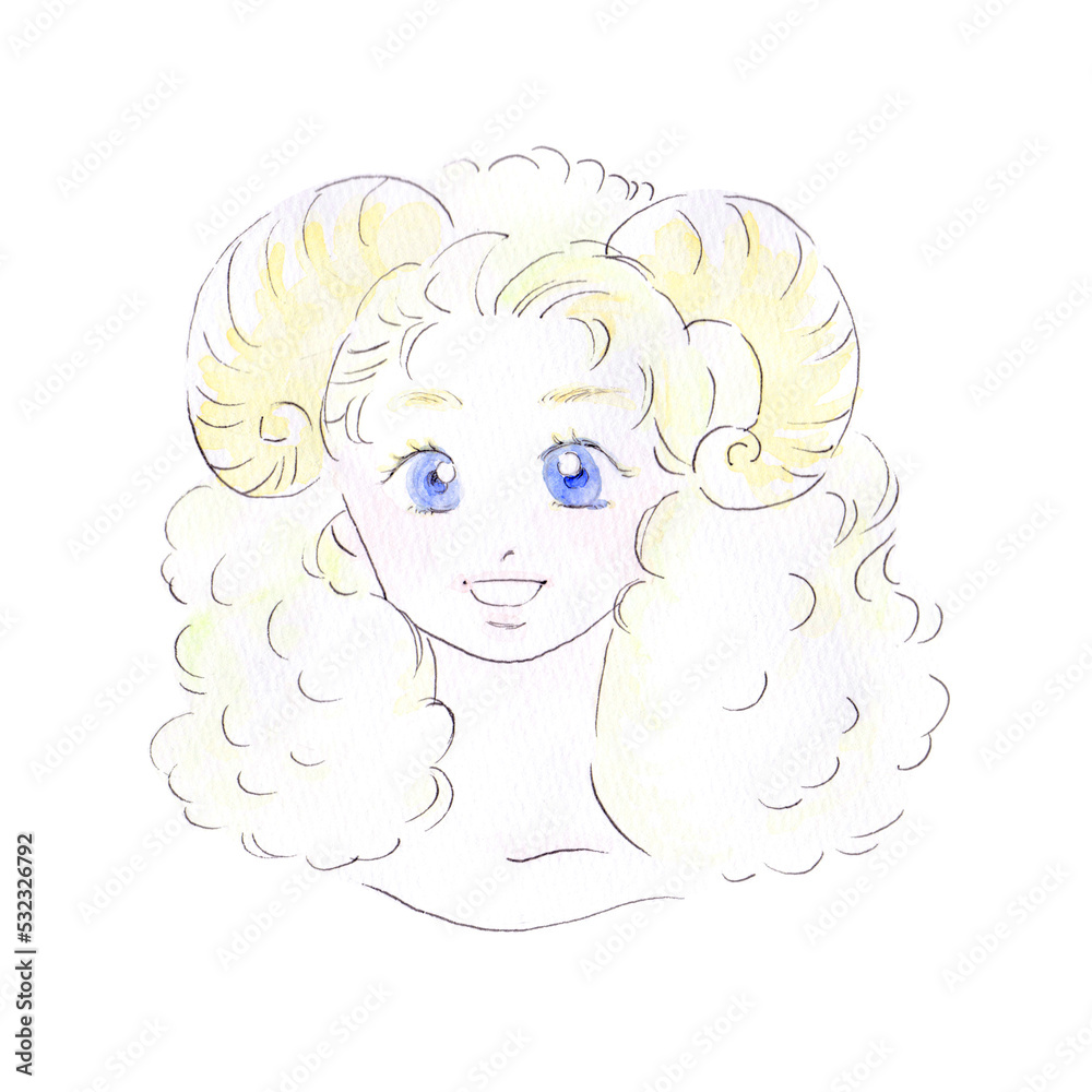 イラスト素材: 十二星座おひつじ座の女性イメージ　擬人化/手描きの水彩画（透過背景）