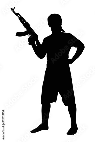 Young man with rifle gun in hand silhouette vector on white background